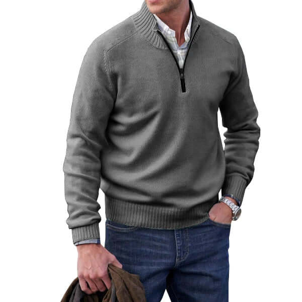 Elegant men's full-zip sweater, a comfortable long-sleeve top for smart-casual outfits.