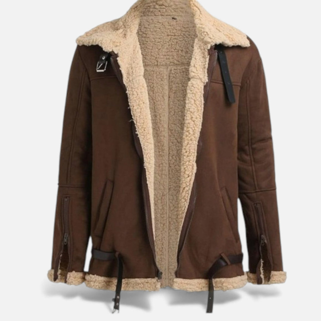 Men's fur-lined winter jacket in classic style, perfect for cold weather. Warm, insulated outerwear.