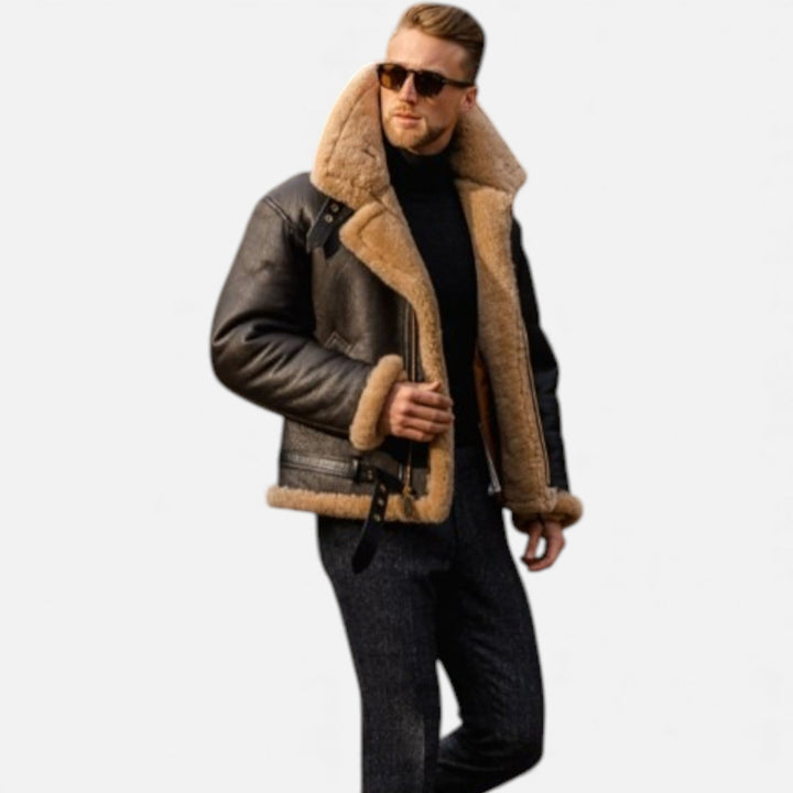 Elegant men's warm winter coat with fur lining. Classic style jacket for cold weather, insulated for comfort.