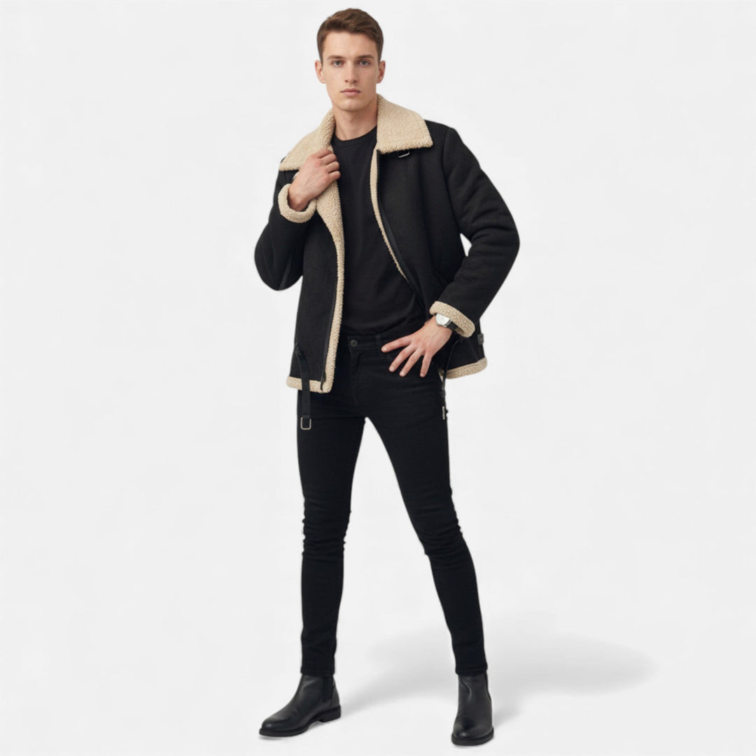 Warm men's fur-lined winter coat. Classic style jacket, insulated and elegant for extreme cold weather.