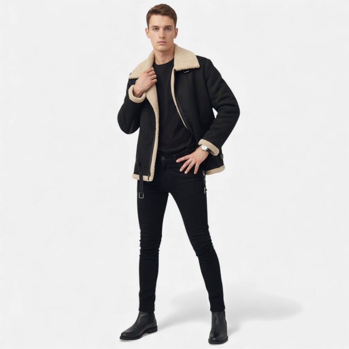 Warm men's fur-lined winter coat. Classic style jacket, insulated and elegant for extreme cold weather.