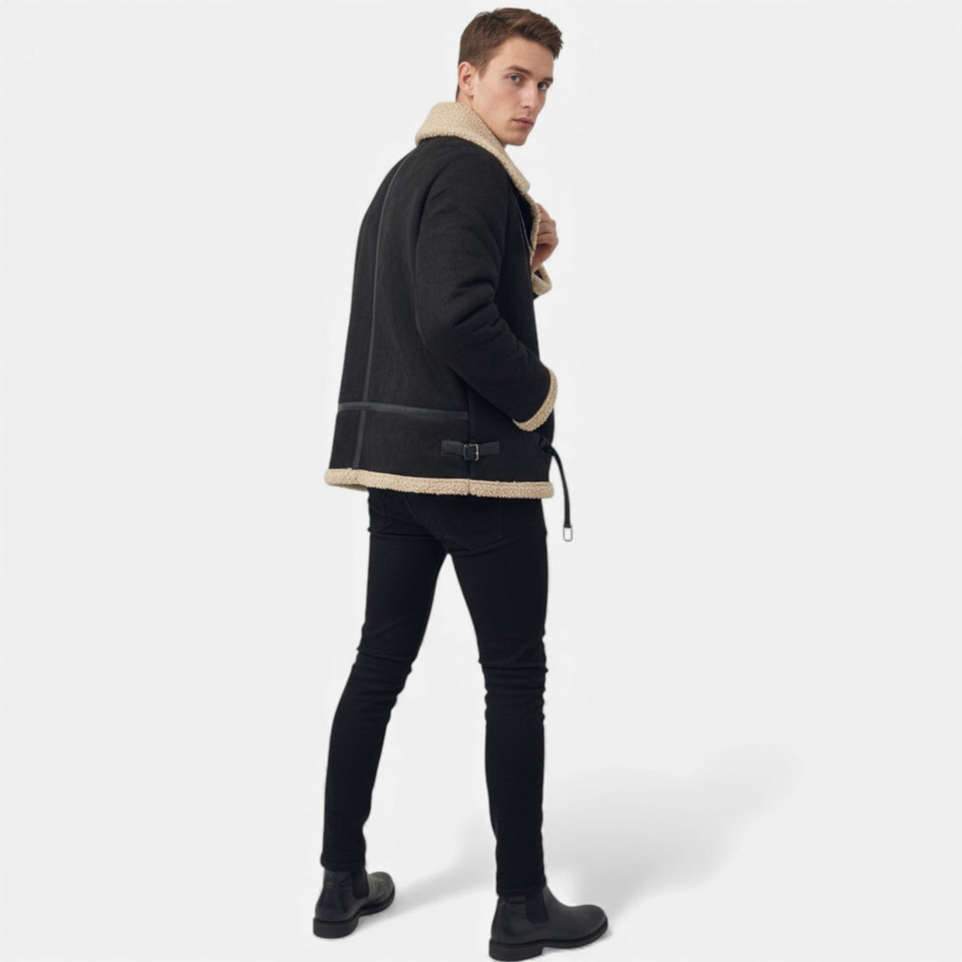 Men's classic fur-lined winter jacket. Heavy-duty warm coat for cold weather. Elegant insulated outerwear.