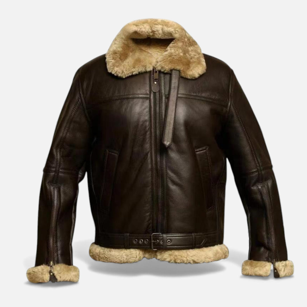 Stylish men's fur-lined winter jacket, a classic warm coat. Perfect insulated outerwear for cold weather menswear.