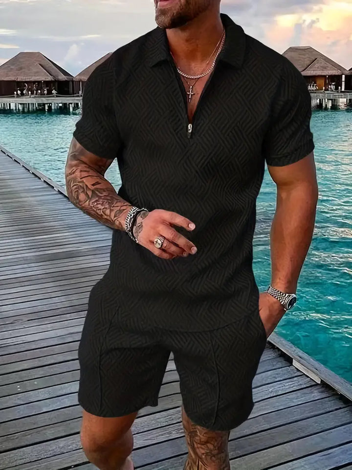 Comfortable men's geometric polo & shorts set, ideal for summer beach wear or loungewear.