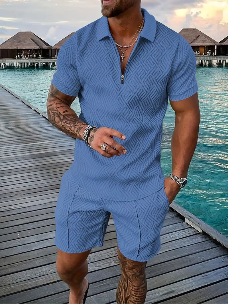 Modern design men's geometric pattern summer set, featuring a stylish polo and comfortable shorts.
