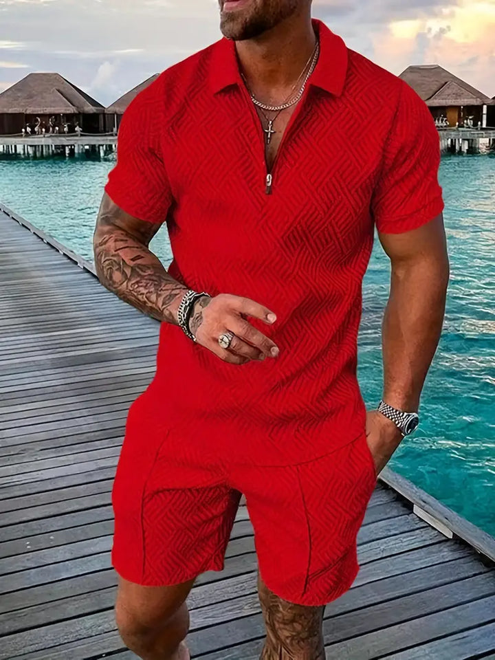 Casual men's geometric summer polo and shorts outfit for warm weather and relaxed style.