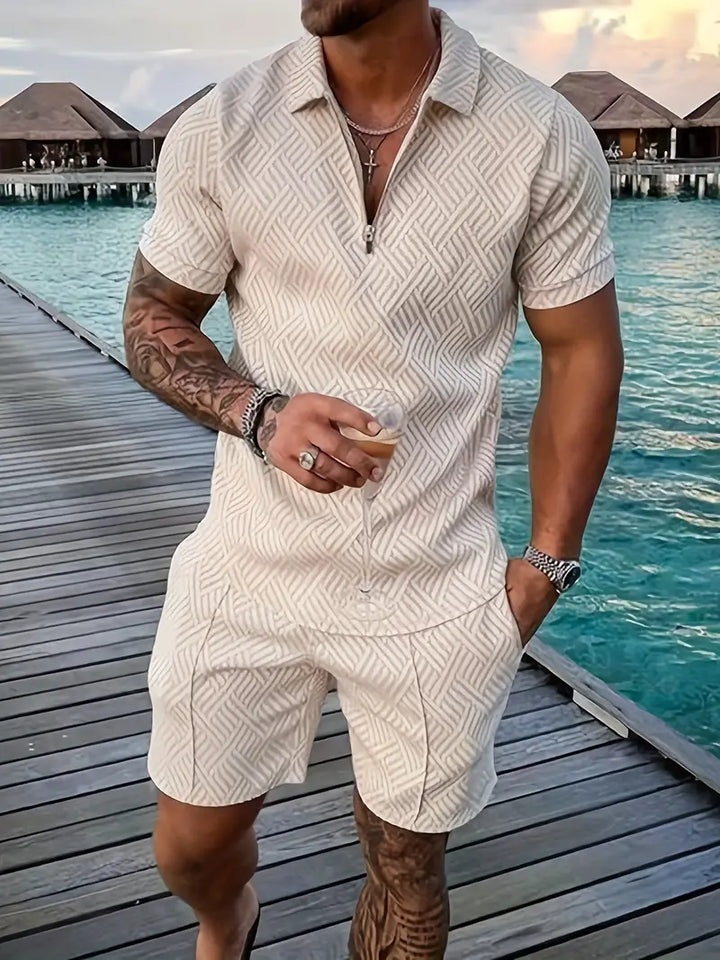 Men's comfortable geometric polo and shorts summer set, great for relaxation and modern appeal.