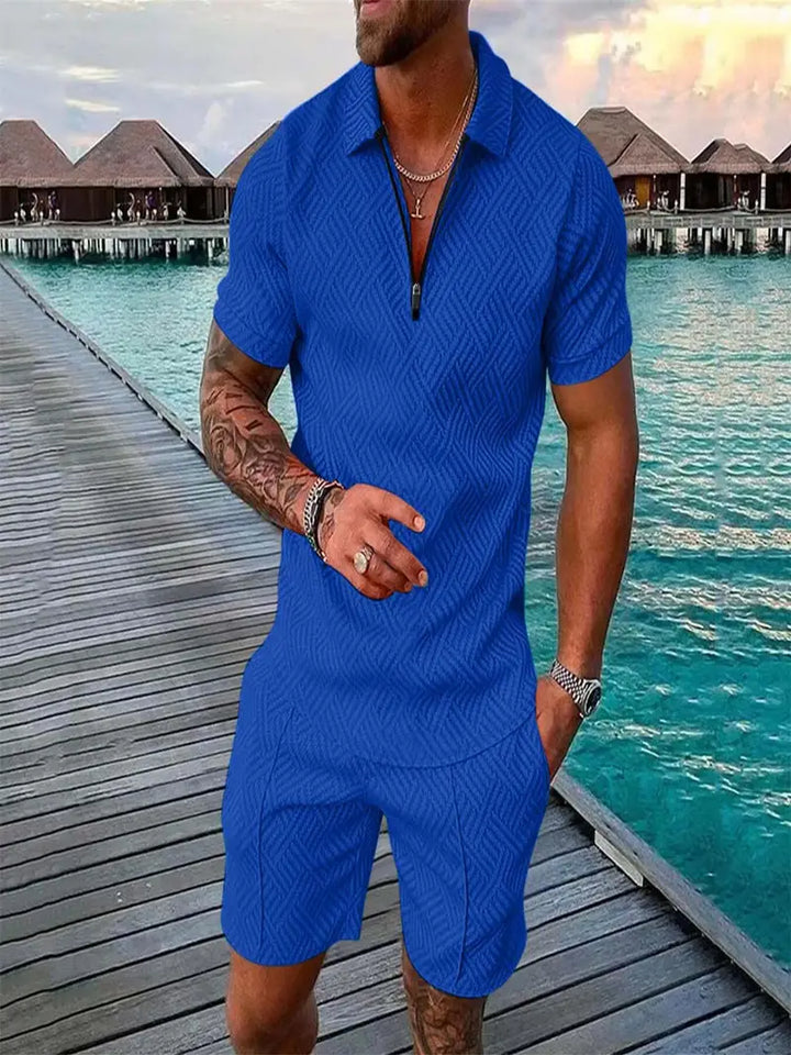 Relaxed fit men's geometric summer polo and shorts set, blending comfort with modern elegance.
