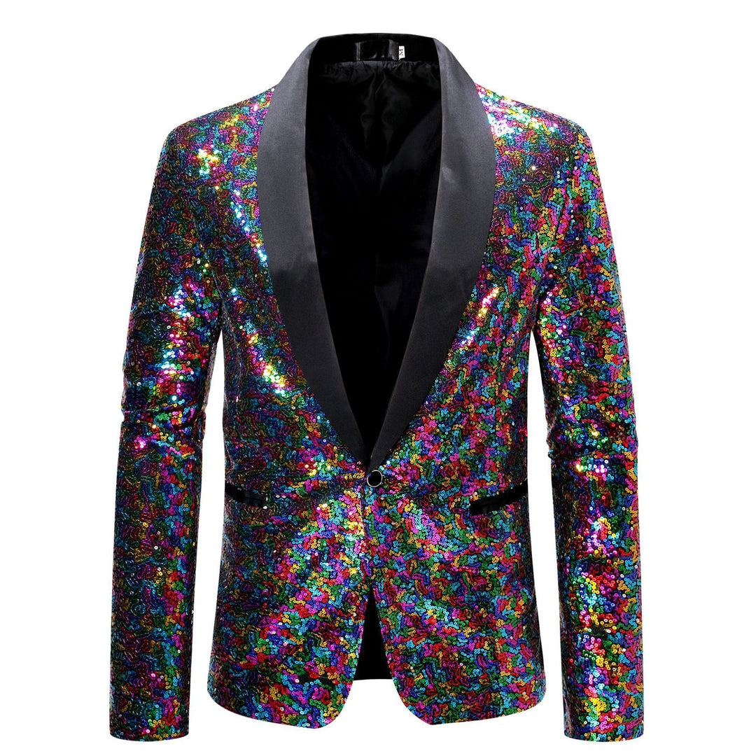 Slim fit men's sequin blazer in black, ideal as a statement piece for festive and formal events.