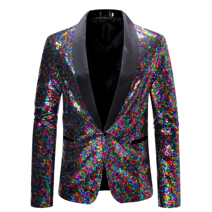 Slim fit men's sequin blazer in black, ideal as a statement piece for festive and formal events.