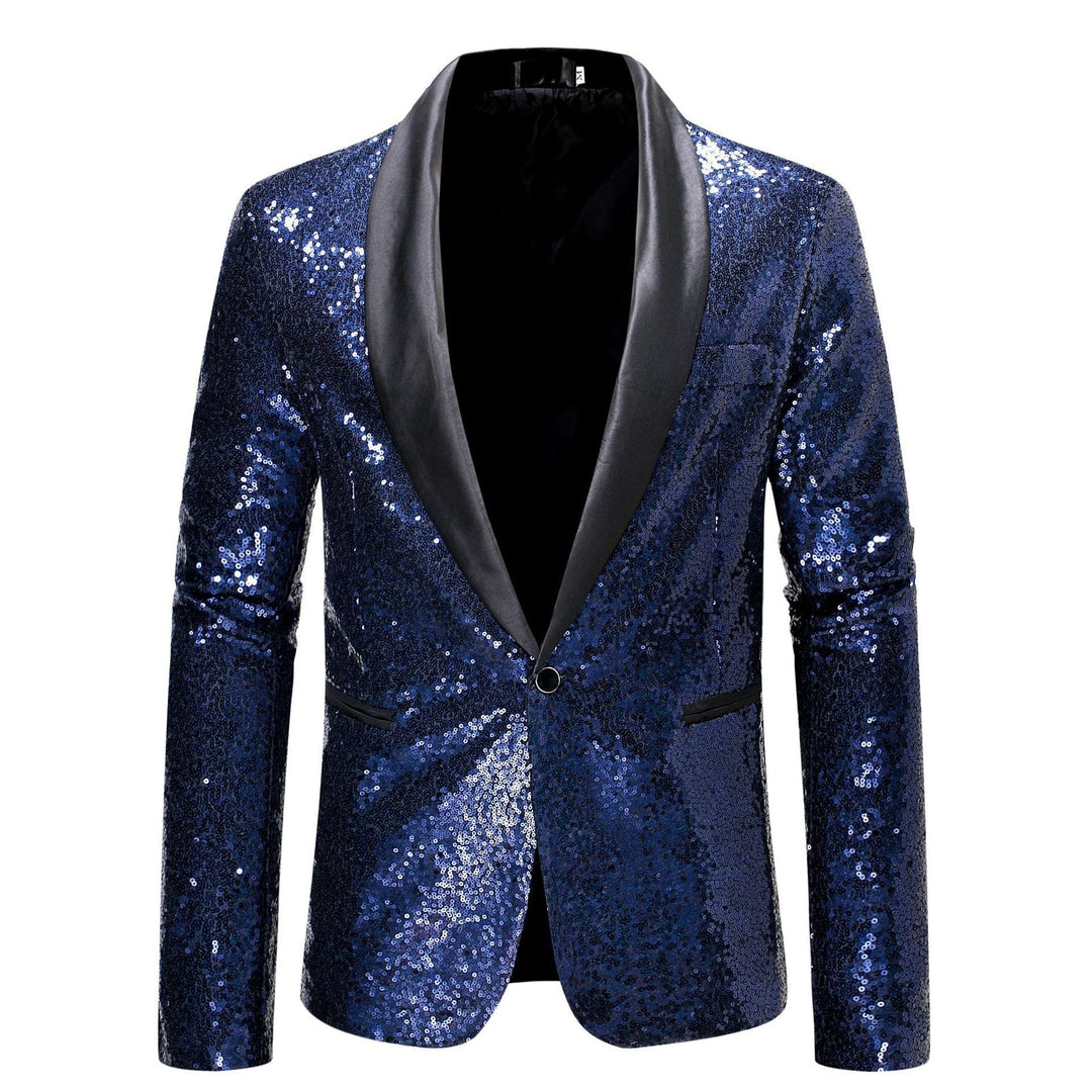 Sparkling men's sequin blazer, a festive attire choice for New Year's, concerts, or special occasions.
