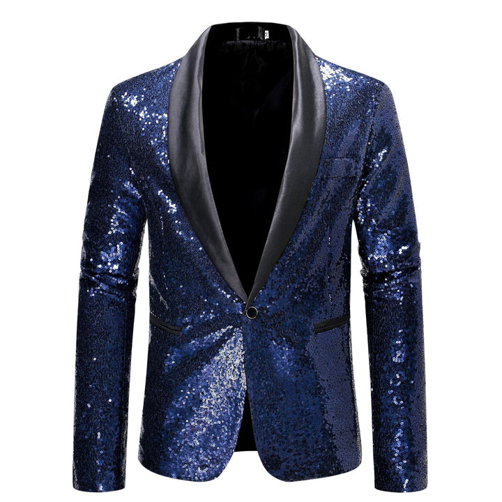Sparkling men's sequin blazer, a festive attire choice for New Year's, concerts, or special occasions.