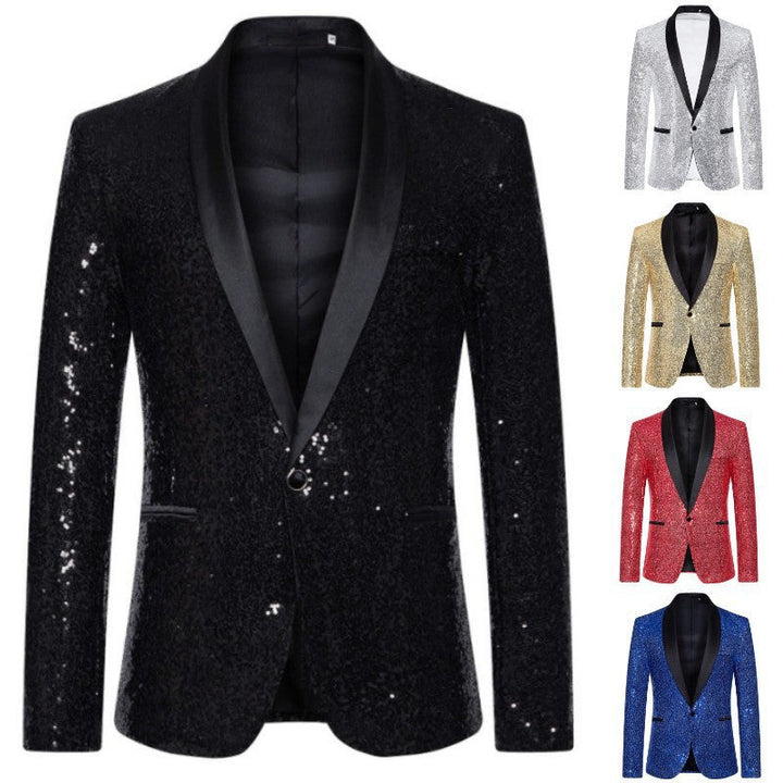 Men's black sequin slim fit blazer, a glamorous statement piece for parties and evening wear.