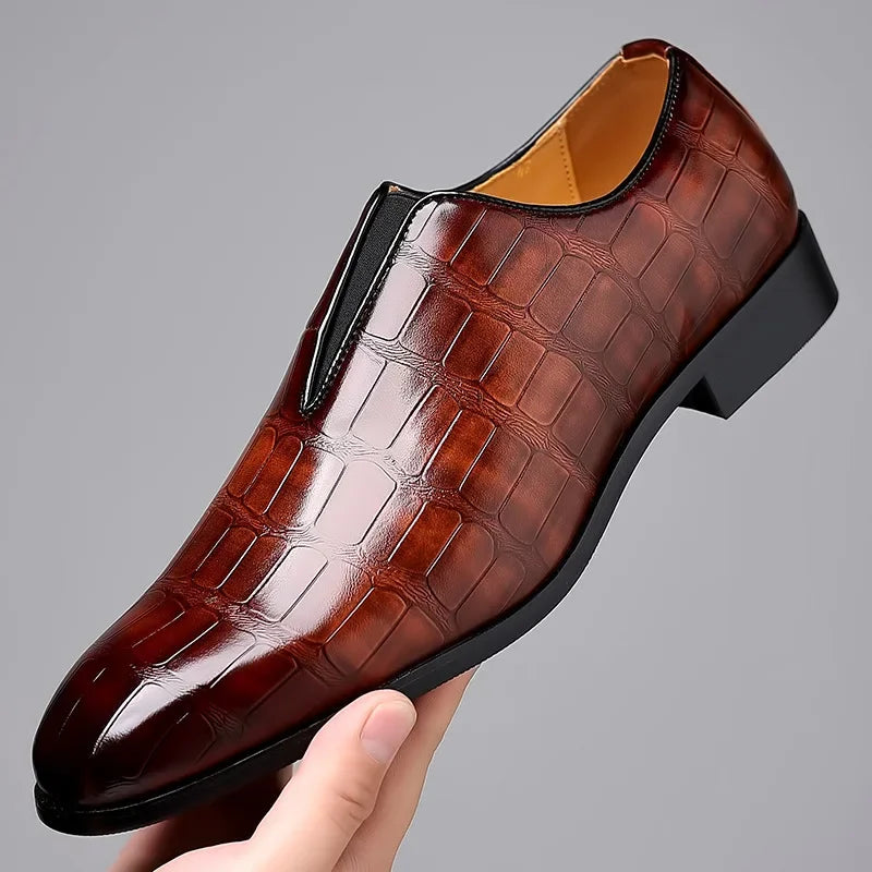 Men's glossy crocodile pattern slip-on brogues for formal or business casual wear.