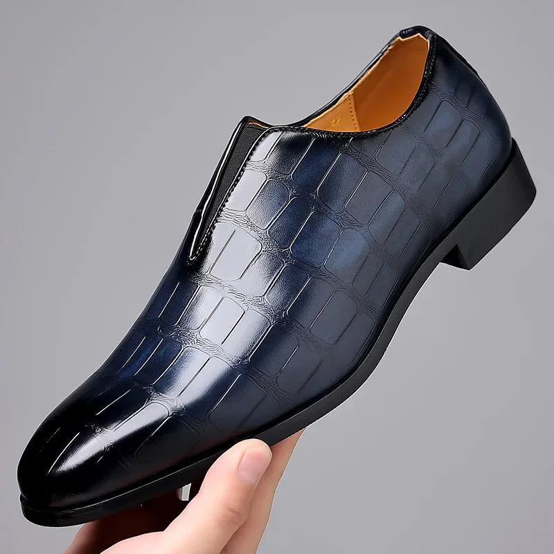 Men's classic slip-on dress shoes, glossy finish, crocodile pattern, for business casual.
