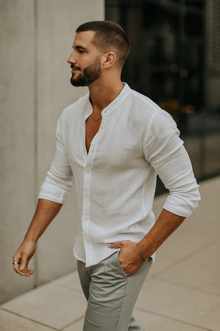 Relaxed fit men's grandad collar long sleeve shirt, perfect for versatile, comfortable summer fashion.