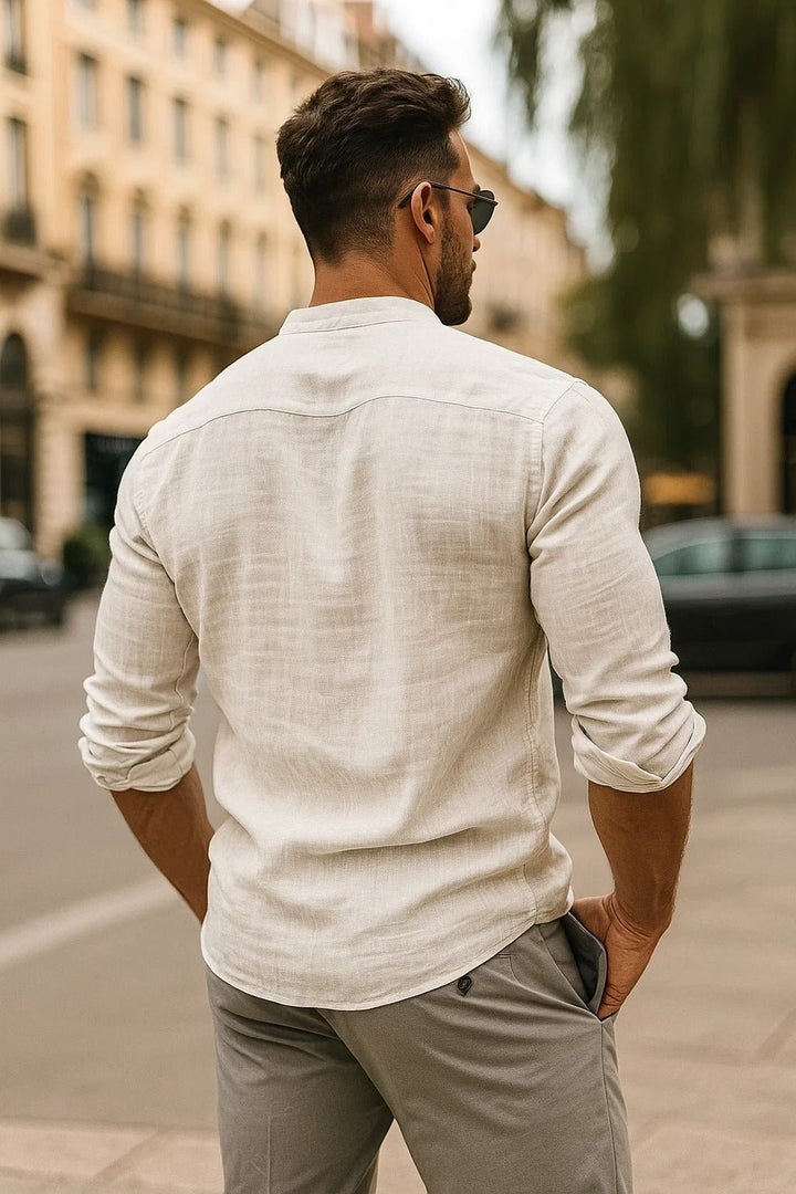 Smart casual men's long sleeve shirt with a grandad collar, ideal for versatile summer and everyday wear.
