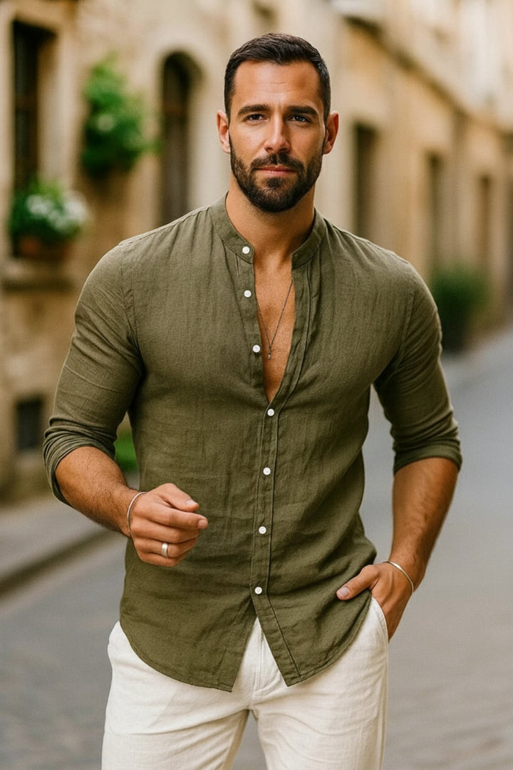 Lightweight casual men's grandad collar long sleeve shirt, a versatile top for effortless summer style.
