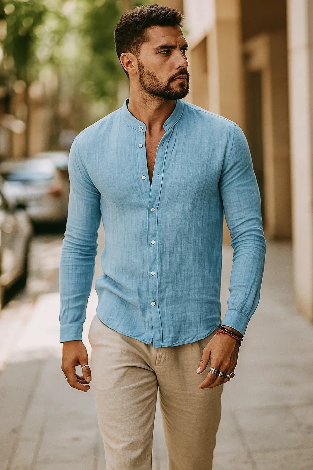Stylish men's grandad collar long sleeve casual shirt, an essential for modern men's smart casual summer fashion.