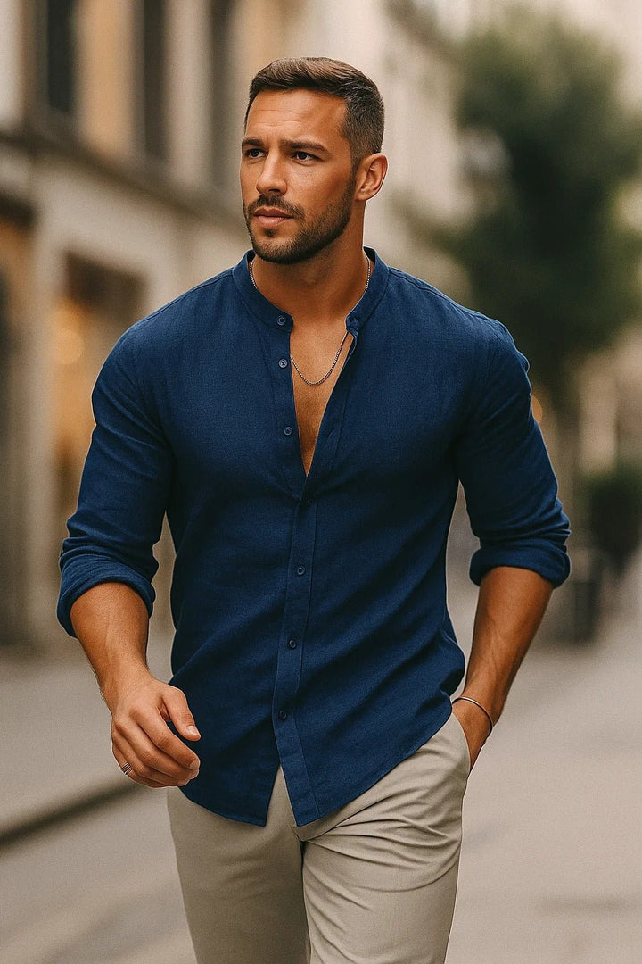Men's long sleeve grandad collar casual shirt, a versatile top embodying relaxed smart casual summer style.