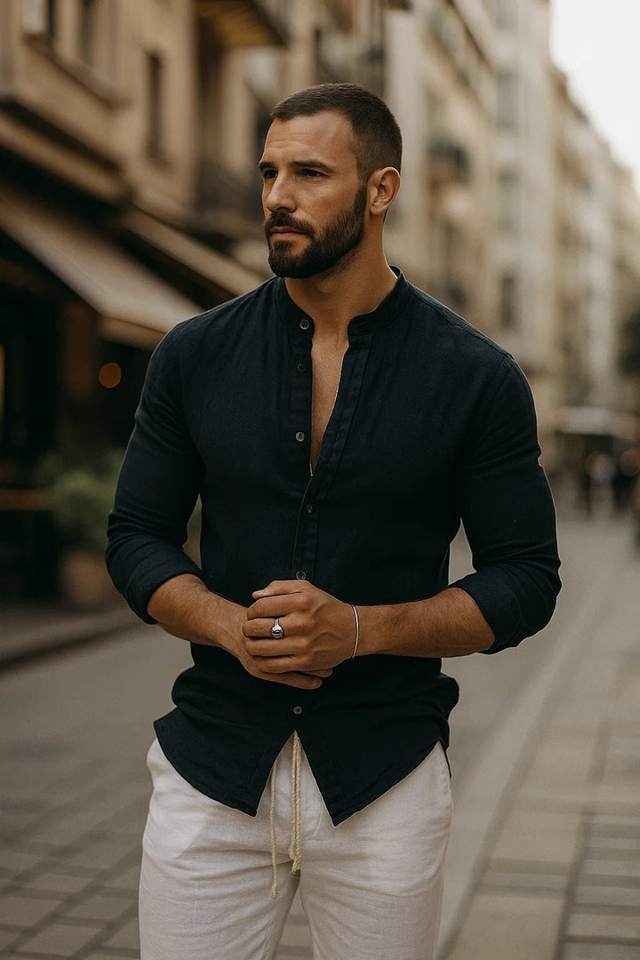 Men's casual long sleeve grandad collar shirt. Relaxed fit, perfect for smart-casual summer style.