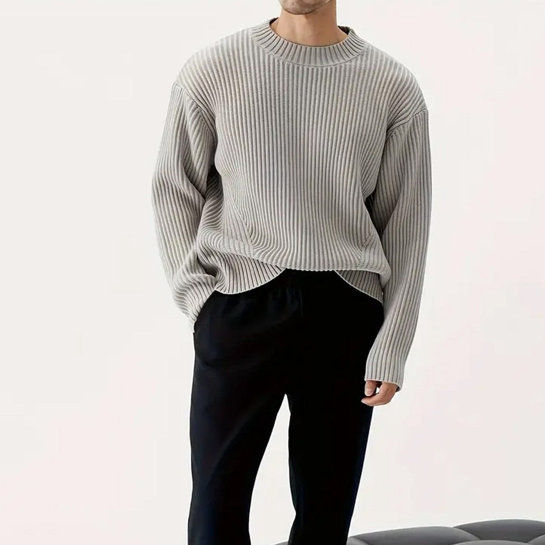 Men's grey relaxed fit crewneck sweater, perfect for casual comfort and winter style.