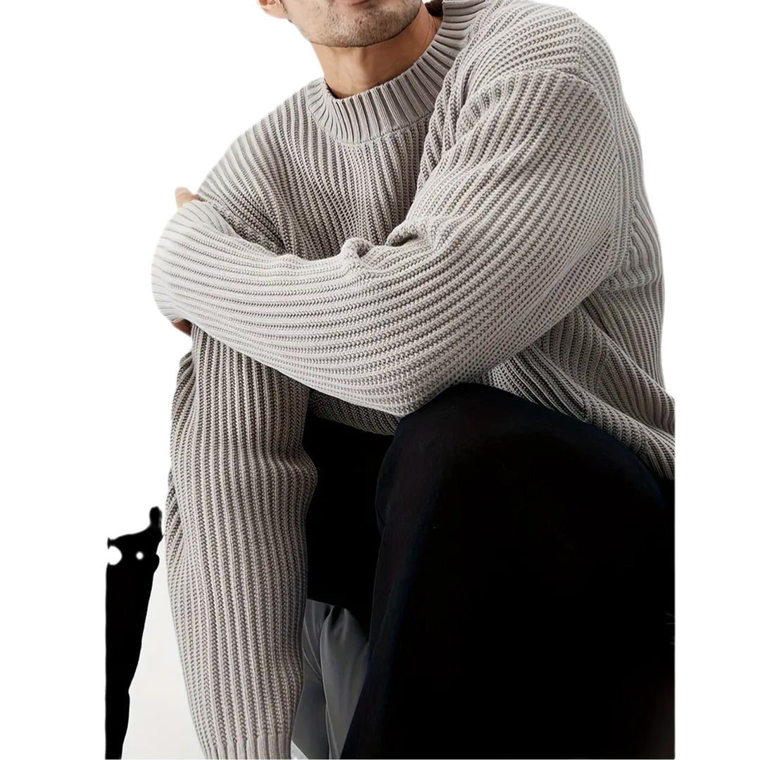 Trendy men's relaxed fit grey crewneck sweater. A comfortable long sleeve top for casual winter fashion.