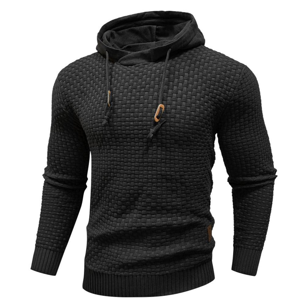 Men's grey textured pullover hoodie. Long sleeve, drawstring hood for modern layering style.