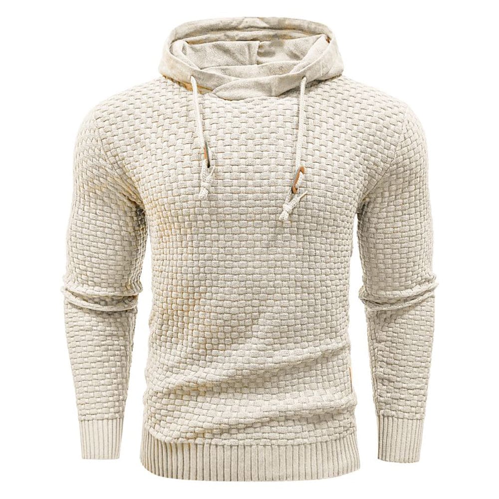 Black men's textured pullover hoodie, casual top with drawstring hood for modern layering.