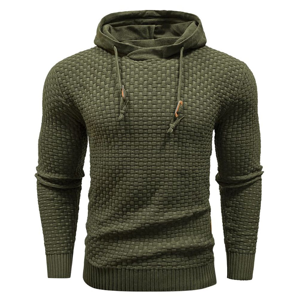 Modern men's blue textured pullover hoodie, perfect for layering and casual style.