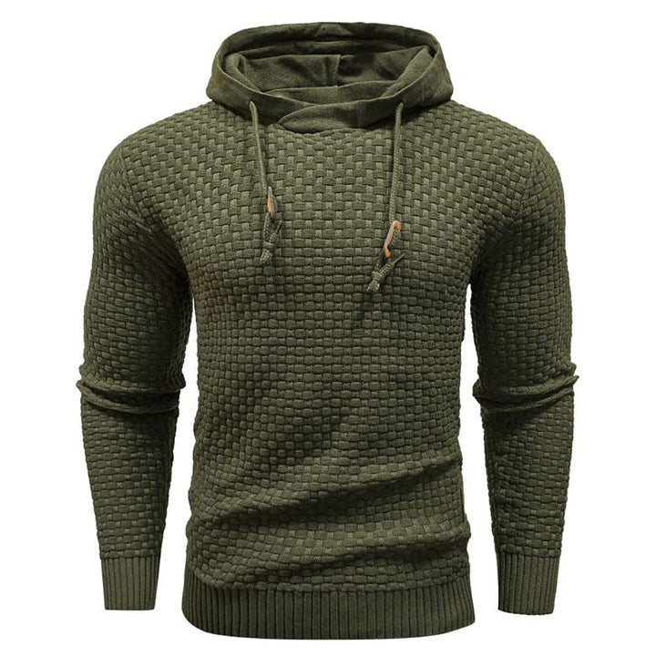 Modern men's blue textured pullover hoodie, perfect for layering and casual style.