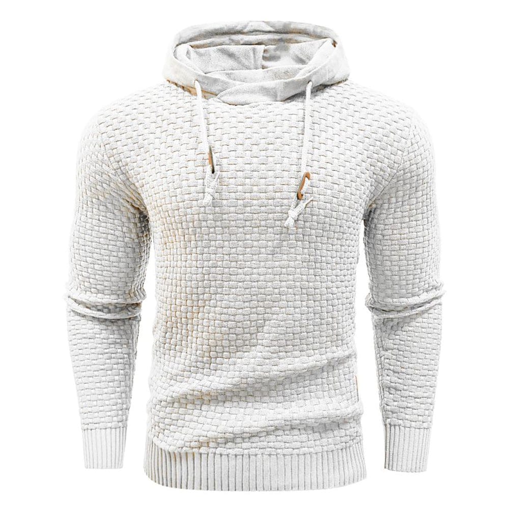 Men's textured long sleeve hoodie with drawstring, a relaxed pullover for daily comfort.