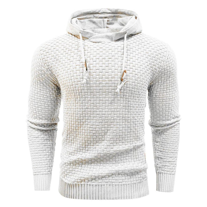 Men's textured long sleeve hoodie with drawstring, a relaxed pullover for daily comfort.