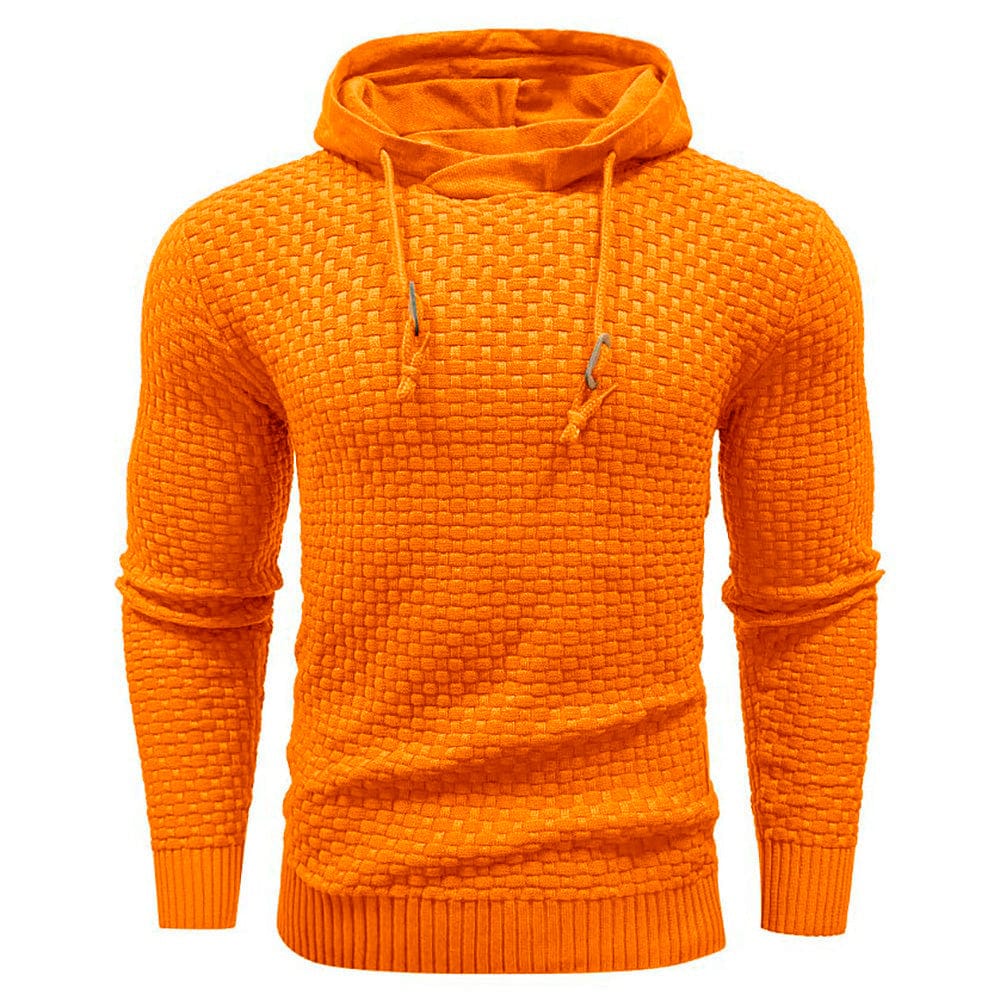 Black men's textured long sleeve hoodie, a casual pullover top for any occasion.