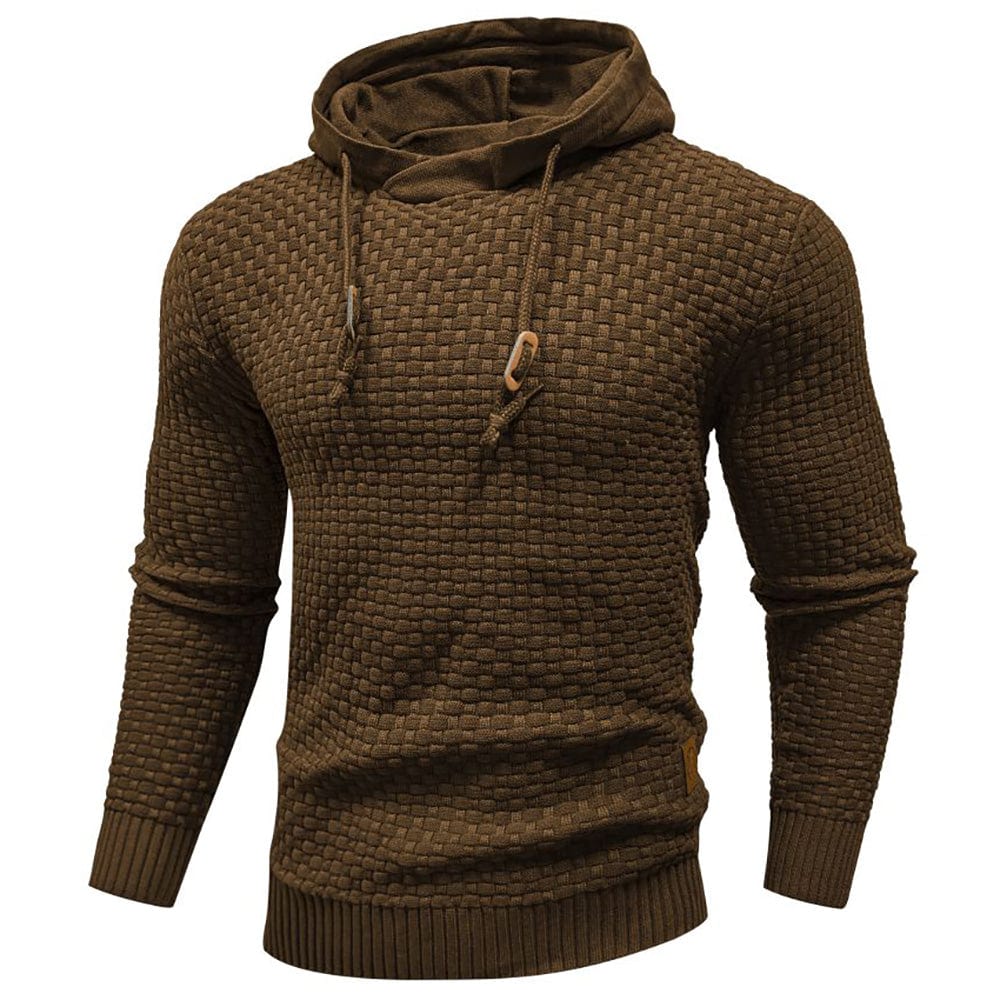 Modern men's textured pullover hoodie. Long sleeve design with drawstring for street style.