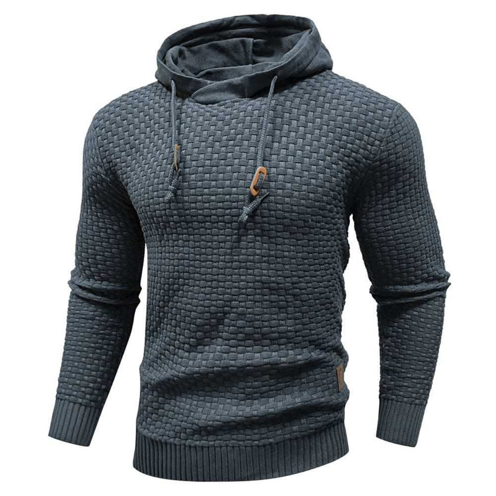 Black textured men's pullover hoodie, long sleeve top for stylish casual & streetwear looks.