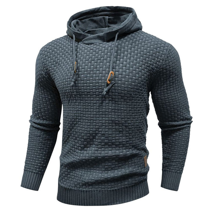 Black textured men's pullover hoodie, long sleeve top for stylish casual & streetwear looks.