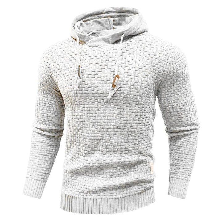Men's apparel: blue textured pullover hoodie, drawstring hood, long sleeve, casual style.