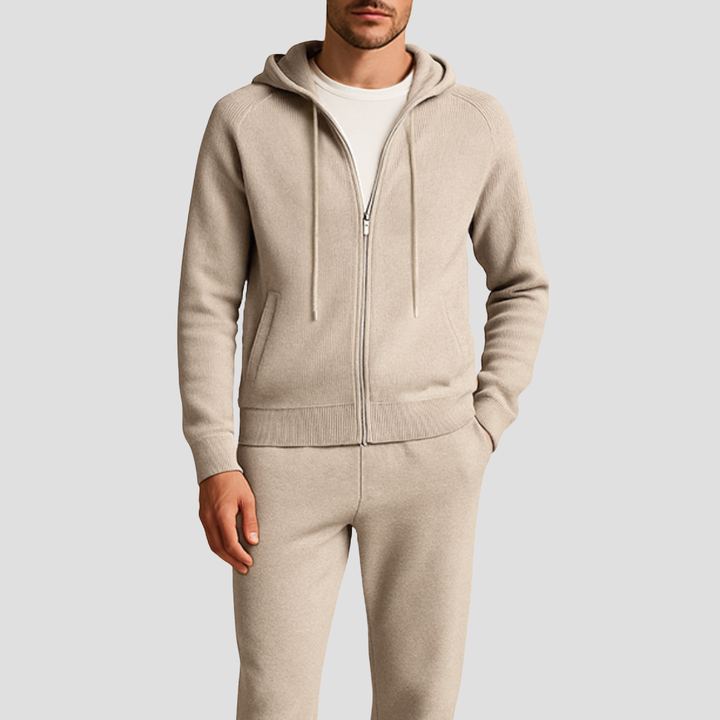 Men's grey zip-up hoodie and jogger tracksuit lounge set for ultimate comfort and casual style. Relaxed fit.