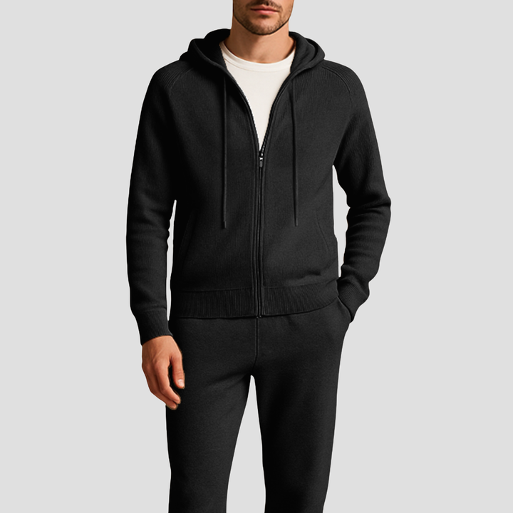 Comfortable men's zip-up hoodie and matching joggers. Perfect casual loungewear set or athleisure outfit.