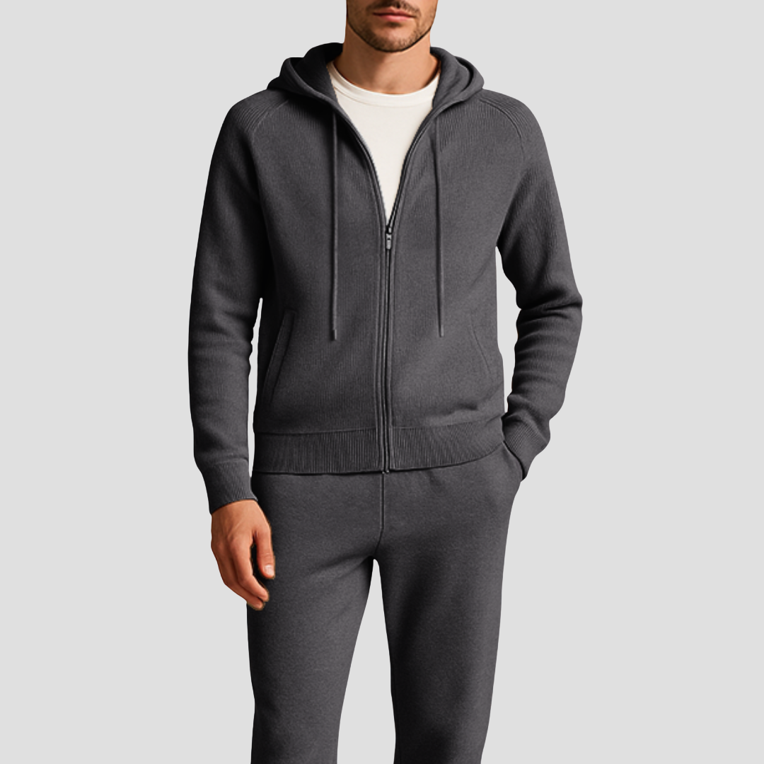 Soft men's navy blue zip-up hoodie & jogger tracksuit. Ideal comfort wear, casual outfit, and athleisure.