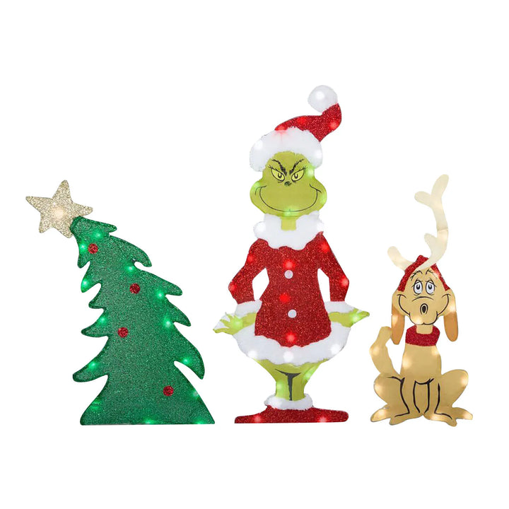 Bright Grinch themed garden light, perfect for a holiday outdoor winter wonderland