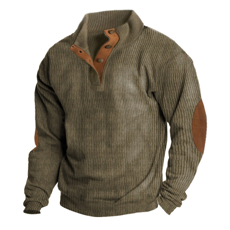Men's half-button knit pullover sweater with classic elbow patches, ideal for smart casual autumn & winter wear.