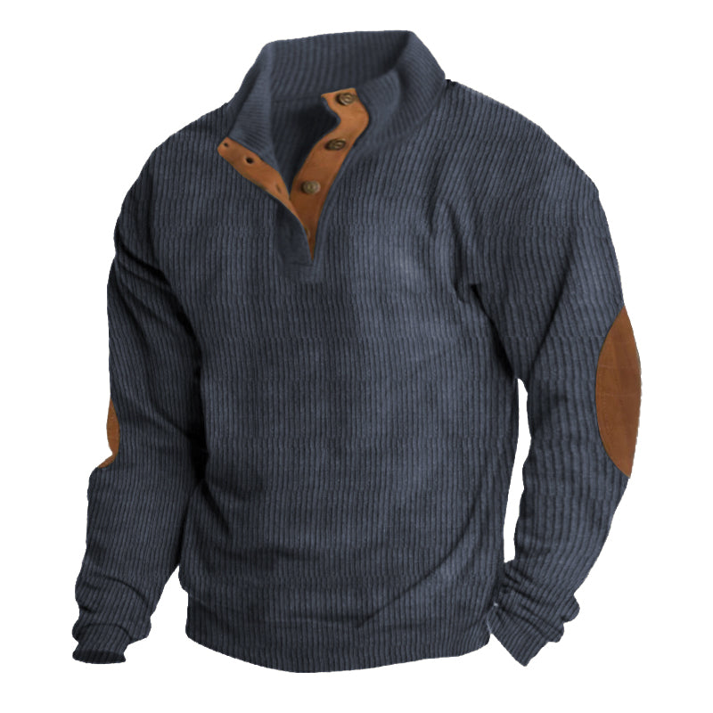 Elegant men's half-button pullover sweater with stand collar & classic elbow patches. Perfect for autumn/winter casual.
