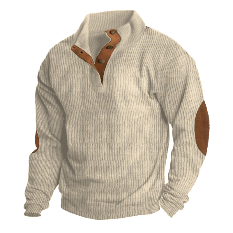Comfortable men's knit pullover sweater, half-button style with classic elbow patches. Long sleeve, great for winter layering.