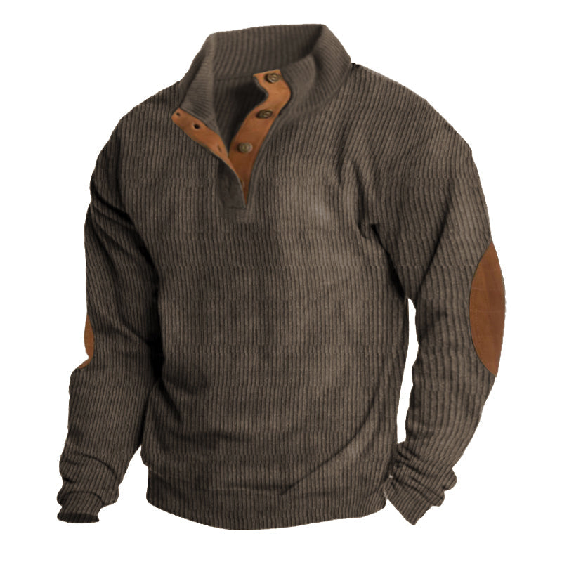 Smart casual men's half-button pullover sweater. Features classic elbow patches & stand collar. Stylish & warm for fall/winter.