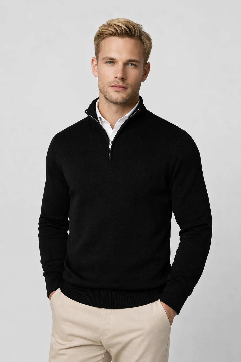 Stylish men's half zip high neck sweater, perfect for layering and fall/winter fashion.