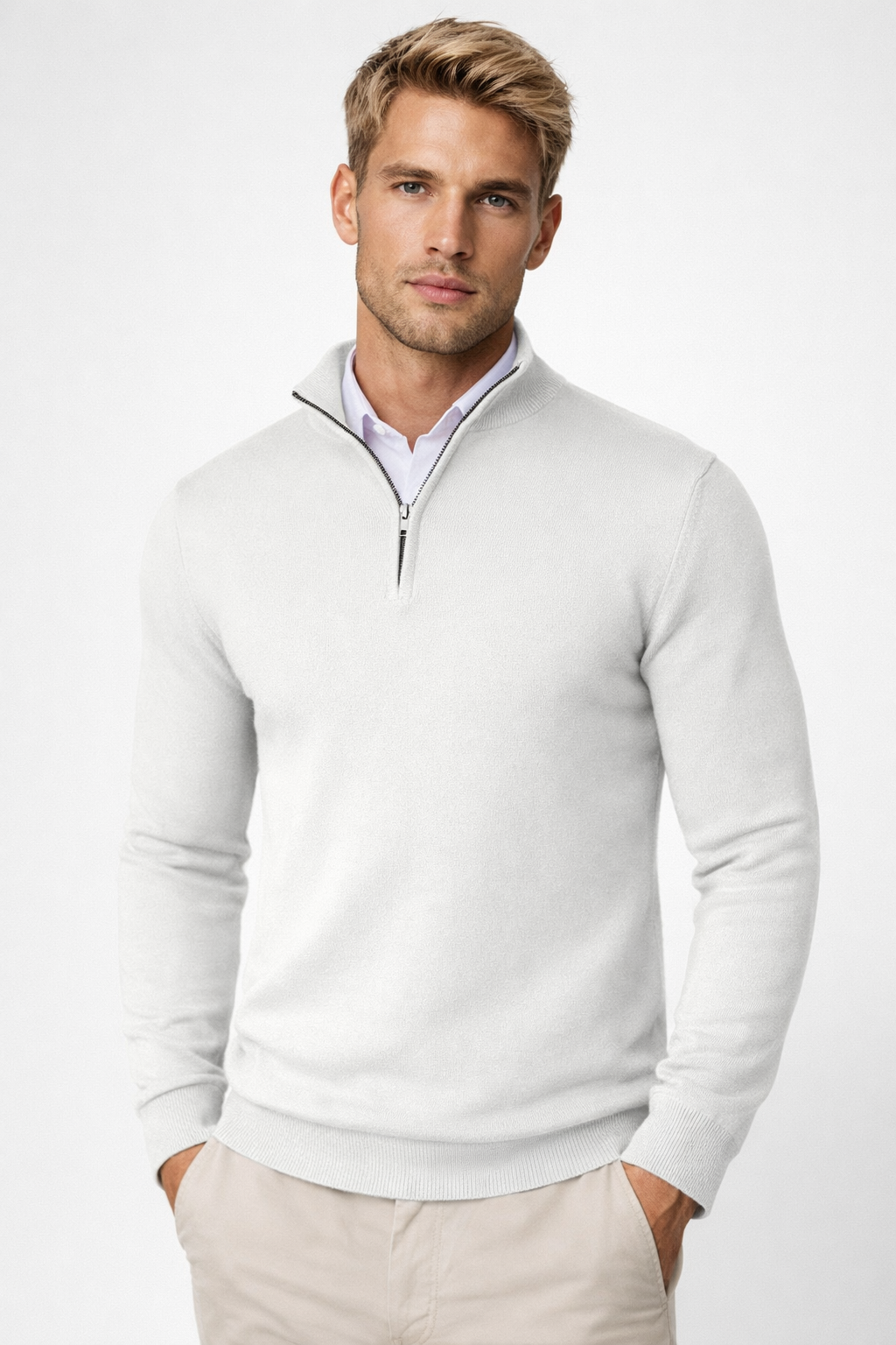 Cozy men's half zip high neck sweater, a modern staple for fall and winter style.