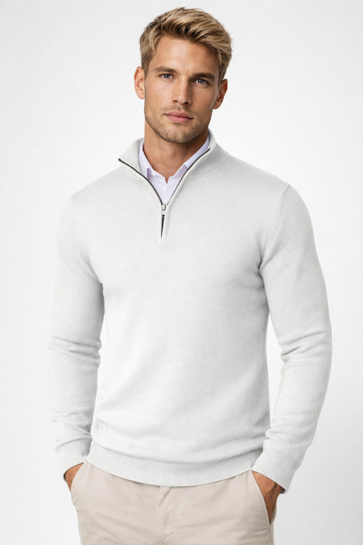 Cozy men's half zip high neck sweater, a modern staple for fall and winter style.