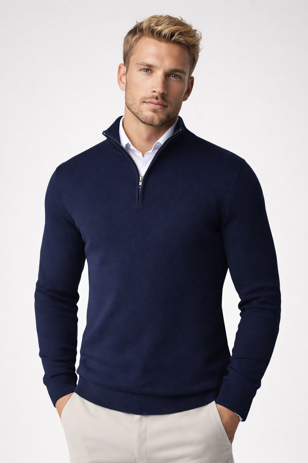Modern men's half zip high neck sweater, offering versatile style for comfortable winter layering.